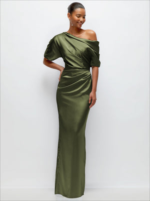 Asymmetrical off-the-shoulder satin maxi dress in dark olive green, draped pleats