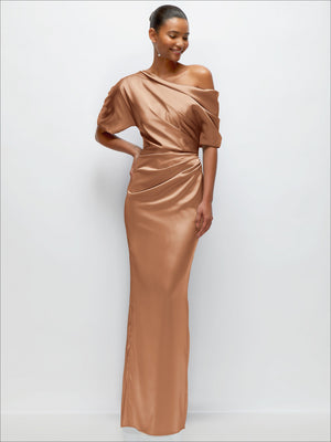 Copper-brown satin off-the-shoulder pleated maxi dress with short sleeves and side slit