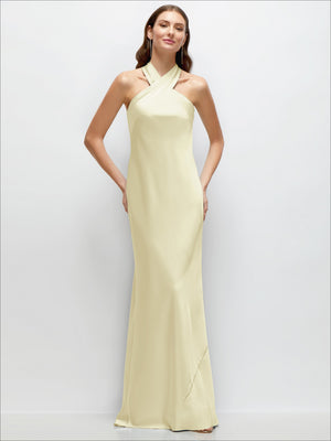 Butter yellow satin maxi dress with halter neckline, pleated bodice, bias drape, side slit