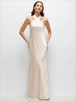 Champagne satin maxi dress, halter neckline, pleated bias drape, front view