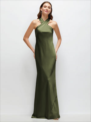 Pleated halter satin maxi dress in olive green, bias cut with self-tie bow back