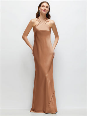 Rose satin halter maxi dress with pleated detail and self-tie bow back, sleeveless
