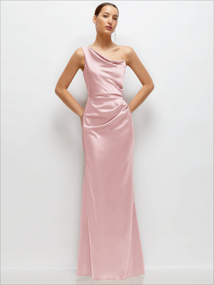 Ballet pink one-shoulder satin maxi dress with cat-eye neckline, fitted waist and long flare