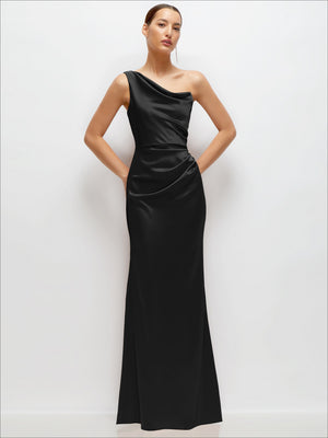One-shoulder cat-eye satin maxi dress in black, draped fit-and-flare silhouette