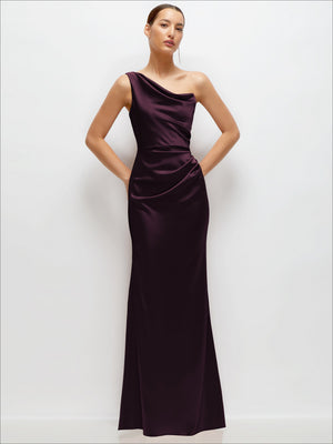 One-shoulder satin maxi dress in deep plum, draped bodice and fitted waist