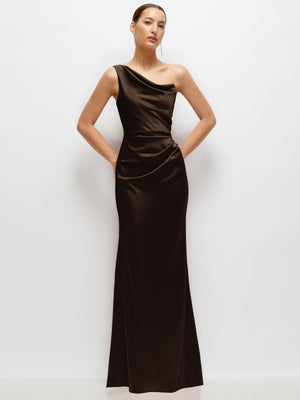 Espresso brown one-shoulder satin maxi dress with draped neckline and fitted waist