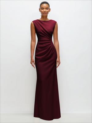 Burgundy sleeveless maxi dress with cap shoulders and draped ruched bodice