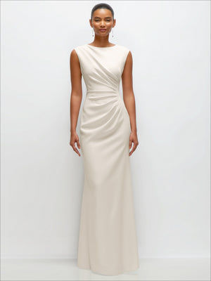 Light ivory sleeveless maxi dress with side ruching and V-back, trumpet skirt