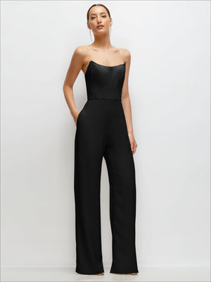 Black strapless corset wedding jumpsuit with straight wide-leg pants
