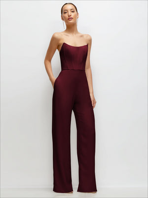 Strapless corset crepe jumpsuit in burgundy with wide-leg pants