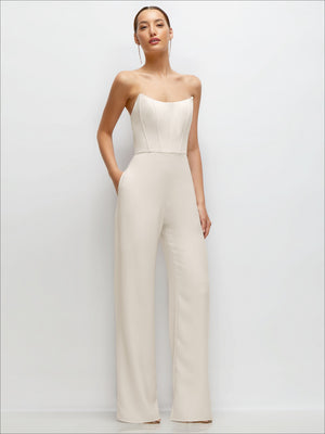 Strapless corset jumpsuit in ivory with sleek bodice and long wide-leg pant legs