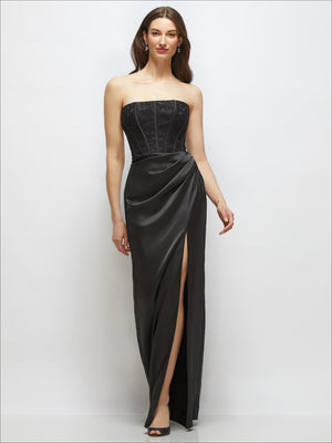 Black strapless lace corset maxi dress with satin draped skirt and thigh slit