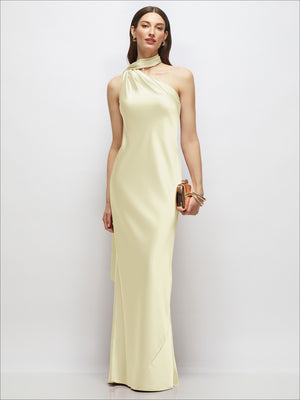 One-shoulder satin maxi dress in pale yellow, draped scarf detail, sleeveless