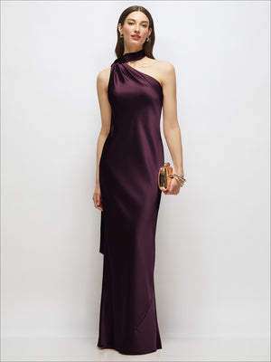 Deep plum draped one-shoulder satin maxi dress with side sash detail