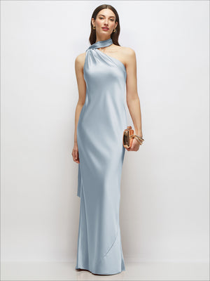 Light blue one-shoulder draped satin maxi dress with soft cowl neckline