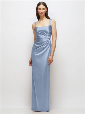 Light blue satin maxi dress with scoop neckline, draped front, and spaghetti straps