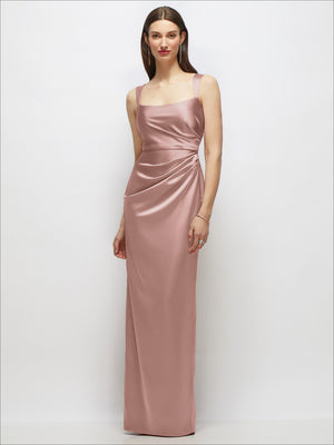 Satin maxi dress with scoop neck and draped bodice, spaghetti straps, column silhouette in pale mauve