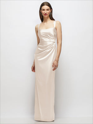 Satin maxi dress with scoop neck and draped bodice, spaghetti straps, column silhouette in champagne