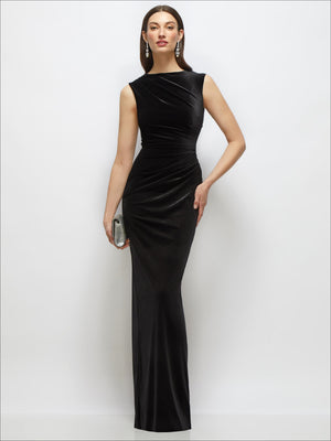 Black velvet high-neck cap-shoulder pleated column maxi dress