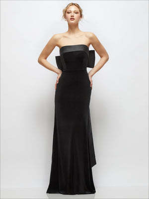 Black velvet strapless maxi dress with satin bow at back and long drape