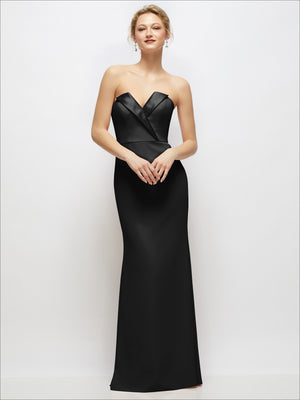 Black strapless crepe tuxedo gown with satin lapels and button detail