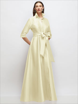 Ivory satin shirt dress gown with 3/4 sleeves, waist sash tie, and jeweled buttons