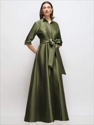 Satin shirt dress gown with sash and jeweled buttons, olive green, 3/4 sleeves