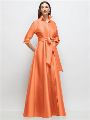 Coral orange satin shirt dress gown with 3/4 sleeves, waist sash bow, jeweled front buttons