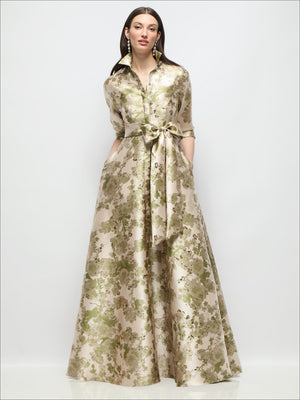 Floral jacquard shirt dress with light green print, tied sash and jeweled buttons, maxi