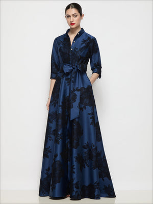 Navy satin shirt dress with flocked floral print, 3/4 sleeves, tie sash belt, button front