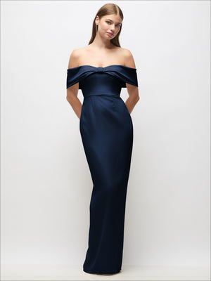 Deep blue off-shoulder crepe column maxi dress with gathered neckline detail and front slit
