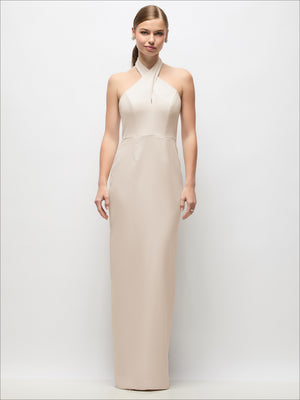 Ivory crepe column maxi dress with halter neckline