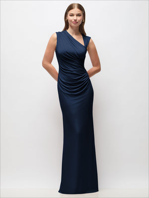 Midnight navy matte jersey maxi dress with asymmetrical draped fanned ruching