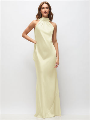 Butter yellow satin halter maxi dress with high neck and draped neckline