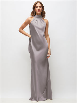 Draped Scarf Halter Open-Back Stretch Satin Bias Maxi Dress with Adjustable Straps