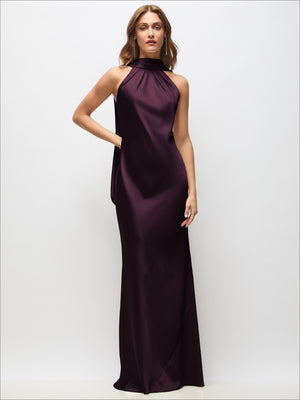 Deep plum draped satin halter maxi dress, open back with adjustable straps