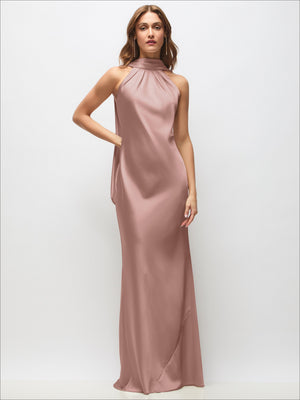 Ballet pink satin halter maxi dress with high neck and open-back drape