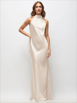 Cream satin halter maxi dress with high neck and draped open-back detail