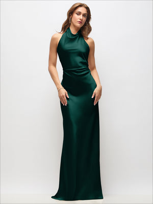 Satin bias maxi dress with high cowl neck and sleeveless design in dark green