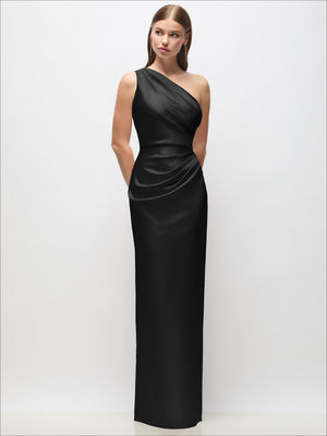 One-shoulder draped satin column maxi dress in black, cowl bodice, one-side slit