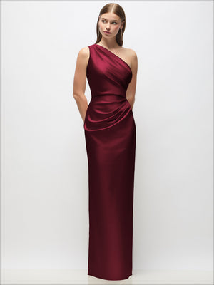 Deep maroon one-shoulder draped satin column maxi dress with gathered wrap detail