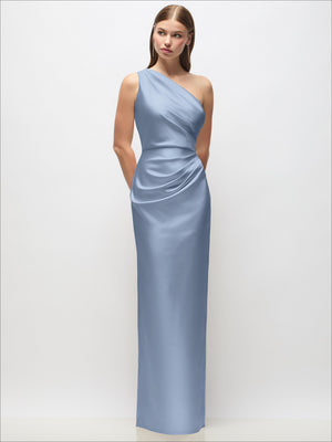 One-shoulder draped satin column maxi dress, light blue