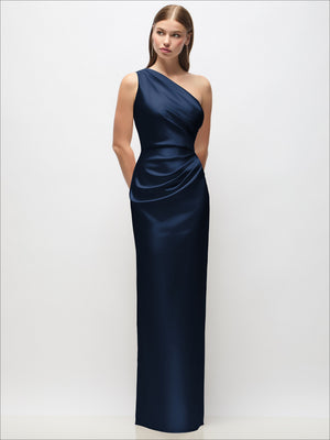One-shoulder draped satin column maxi dress, dark navy with draped waist