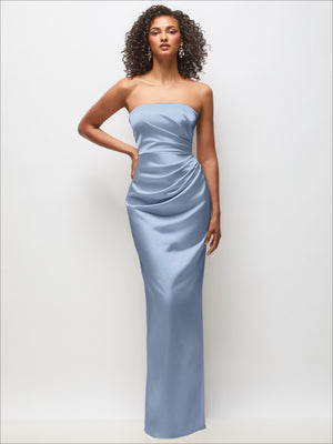 Strapless draped satin column maxi dress in light blue with center slit