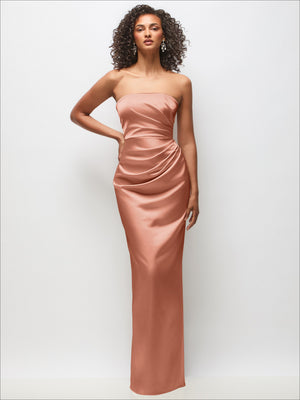 Strapless draped satin column maxi dress in rose copper color