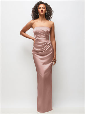 Blush pink strapless satin column maxi dress with draped bodice and ruching