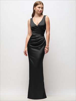 Sleeveless draped wrap satin column maxi dress in black, V-neck with twisted drape.