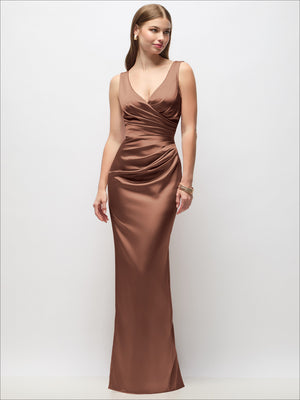 Sleeveless draped wrap maxi dress in cocoa brown, draped V-neck bodice and column hem