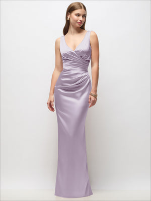 Lilac sleeveless satin maxi dress with draped wrap bodice, column silhouette