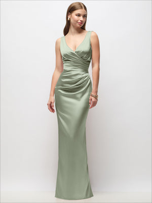 Sleeveless draped satin column maxi dress in sage green, V-neck wrap bodice